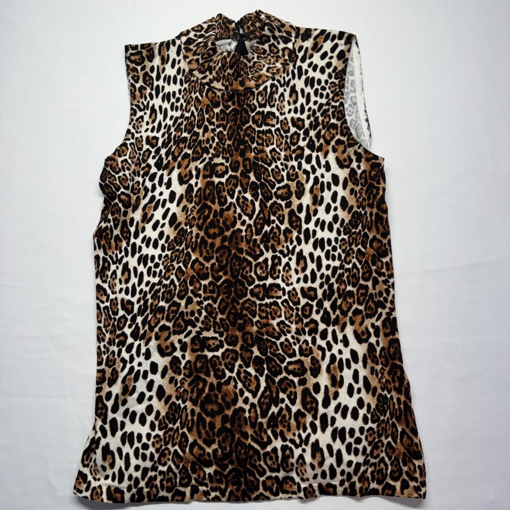 White House Black Market Leopard Print Bow Tie Sleeveless Sweater Top S Knit